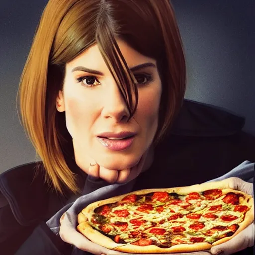 Prompt: sandra bullock eating pizza concept art, ultra realistic, digital art, rich deep colors, smooth shadows, high resolution, cinematic