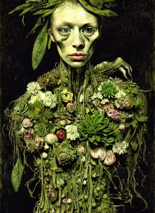 Image similar to beautiful and detailed rotten woman made of plants and many different types of flowers, muscles, intricate, organs, ornate, surreal, john constable, guy denning, dan hillier, manera, van gogh, caravaggio