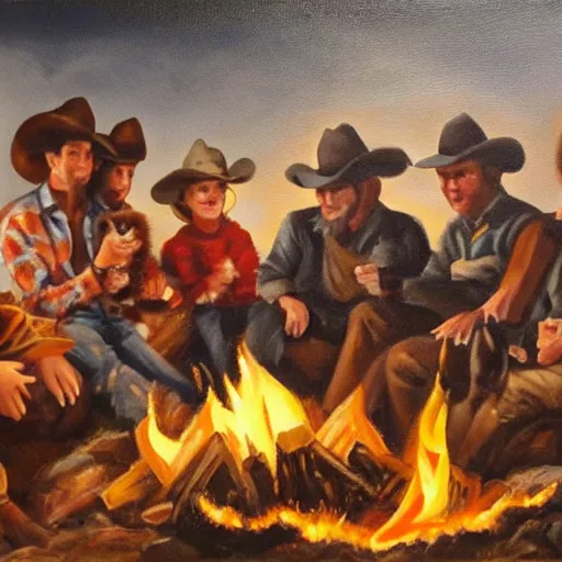 Prompt: an oil painting of a cowboy by a campfire with dozens of kittens around