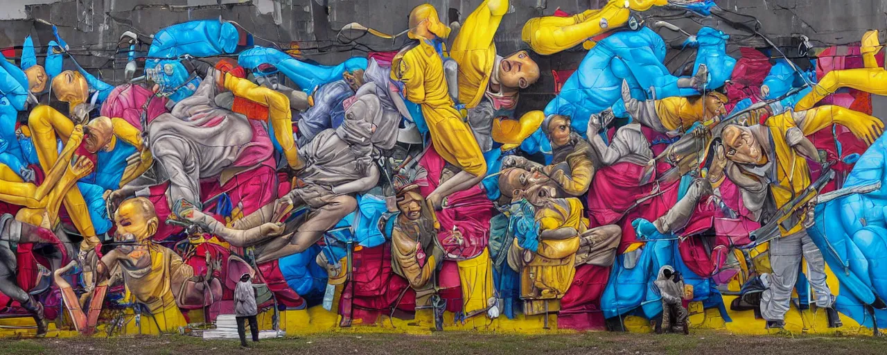 Prompt: a huge and complex mural by blu gemeos, street art style, graffiti, hyperdetailed