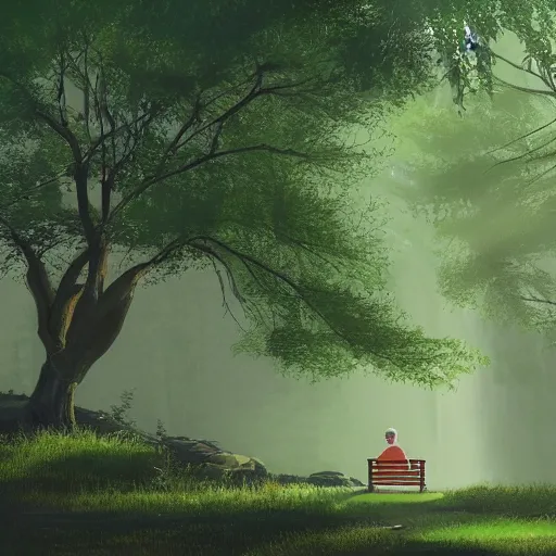 Image similar to a prince sits on a bench in a forest in front of a pond in the center, green color scheme, morning, mist, sun rays, artstation,