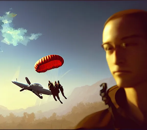 Image similar to five parachutists go to the plane, portrait, painting by craig mullins, octane rendering, soft morning lighting, wide angle lens, in the style of hayao miyazaki, trending on artstation,