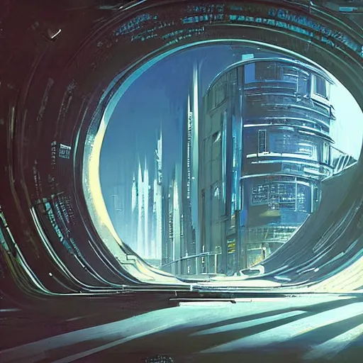 Image similar to centered circular derelict portal in a middle of a futuristic cityscape located under a bridgeway, world seen only through a portal, daylight, cinematic perspective, cinematic lighting, blue sky, syd mead, john harris, symmetrical