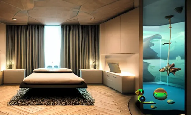 Prompt: a futuristic bedroom deep under the sea, photorealistic magazine picture, studio lighting, cozy, extremely detailed and realistic