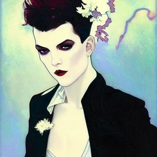 Prompt: graceful portrait of androgynous ruby rose as desire from sandman in a white tuxedo!!!, rockabilly style,, by alphonse mucha, by jeremy mann, by peter lindbergh, dave mckean, by frank moth, white suit and black tie, soft lightning, high detailed, 8 k