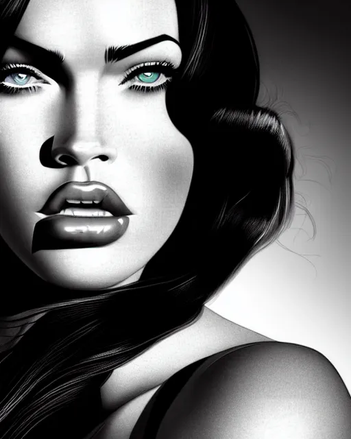 Image similar to low angle closeup beautiful seductive megan fox retro scifi pinup, action glamour pose, windblown dark hair, hyper detailed, digital art, studio lighting, smooth, ambient volumetric lighting, sharp focus, frank miller, wlop, anna dittmann, alphonse mucha, patrick nagle!!, rim lighting, synthwave