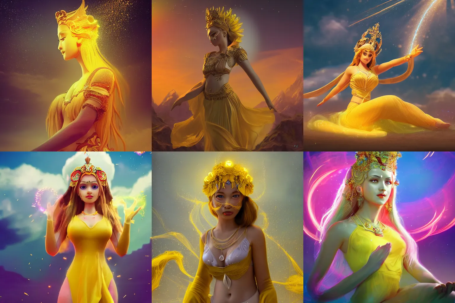 Prompt: a beautiful female goddess of the yellow character, character is in all its glory, character is in her natural relaxed pose, rim lights, particles and dust in the air, fancy clouds, highly detailed professional photo, dynamic lights, particles are flying, depth of field, trending on artstation, professional illustration, hyper realistic, vray caustics, super detailed, colorful accents, cinematic shot