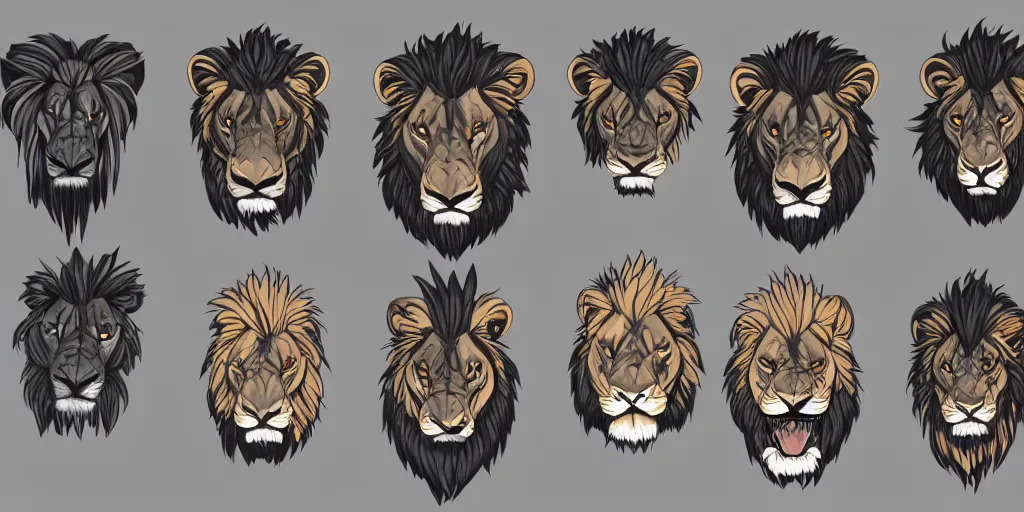 Prompt: game asset of unique lion heads on black background, organic, studio junio color palette, studio junio black inking, cel shading, 4 colors, no gradients, flat 2 d design, 2 d sprites, 8 k, close up