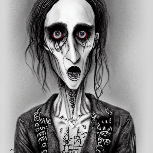 Prompt: michael karcz grunge drawing of lil peep. , in the style of corpse bride, loony toons style, horror themed, detailed, elegant, intricate, trending on artstation, 4k