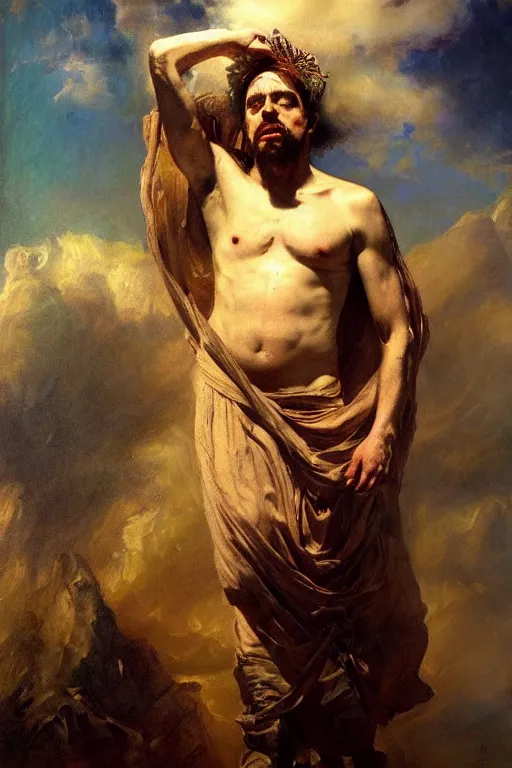 Image similar to beautiful detailed expressive impressionistic oil painting portrait of ancient roman god emperor steve buscemi ascending on high wearing the civic crown, renaissance painting, dark background, art by anders zorn, wonderful masterpiece by greg rutkowski, expressive brush strokes, beautiful cinematic light, american romanticism by greg manchess, jessica rossier