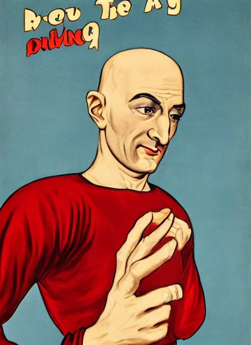 Image similar to portrait of glamorous bald medieval man with big nose and annoyed gesture, 1940s propaganda poster, full hd,highly detailed