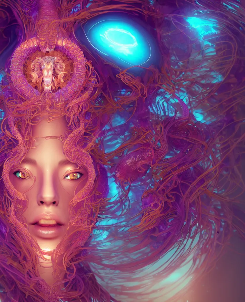 Image similar to goddess close-up portrait. chimera orchid jellyfish phoenix head, nautilus, skull, betta fish, bioluminiscent creatures, intricate artwork by Tooth Wu and wlop and beeple. octane render, trending on artstation, greg rutkowski very coherent symmetrical artwork. cinematic, hyper realism, high detail, octane render, 8k