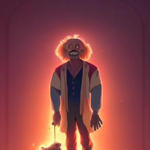 Prompt: portrait of doc brown!!, sitting!!!!!!!!!!!!!!!!!!!, on ( ( ( lion king ) ) ), disney animation, sharp, illustration, sharp, fanart, anime key art by greg rutkowski, bloom, dramatic lighting sharp focus, cinematic, artbook, smooth, centered