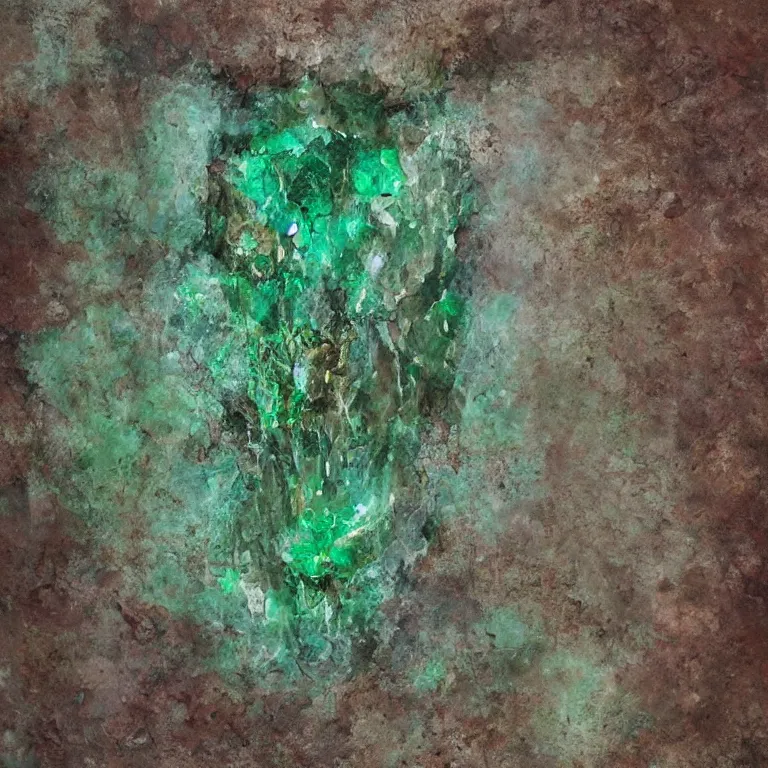 Image similar to big green emerald crystal gems embedded, worn decay texture, intricate concept art painting, fantasy, nature grotesque dark