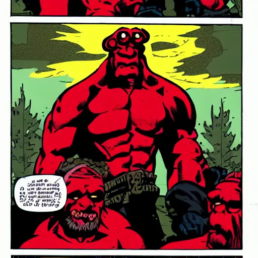 Prompt: Hellboy on a Canadian lumber camp at night