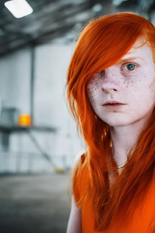 Image similar to portrait photo of a danish teenage girl in an orange jumpsuit. Natural, orange hair, freckles. In an industrial environment. Shallow depth of field. Dramatic lighting. Highly detailed. Closeup.