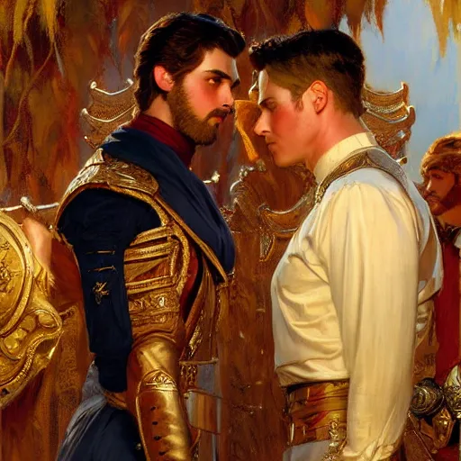 Image similar to attractive fully clothed king confesses his love for his attractive fully clothed male prince. highly detailed painting by gaston bussiere, craig mullins, j. c. leyendecker 8 k