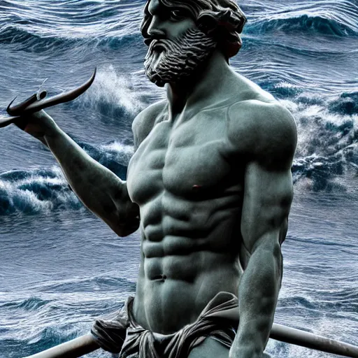 Prompt: ominous powerful marble sculpture of poseidon with his trident emerging from the waves of a stormy ocean, atmospheric, cinematic, hyper - detailed, ultra - realistic, photo - bash, 8 k post - production, masterpiece, physically based rendering, intricate, golden ratio, environmental key art, octane render, weta digital, ray trace