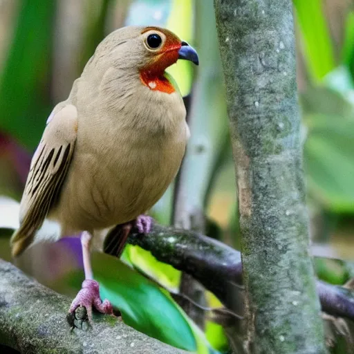 Prompt: a photo of real bird with real human teeth, newly discovered, rainforest, highly detailed, trending