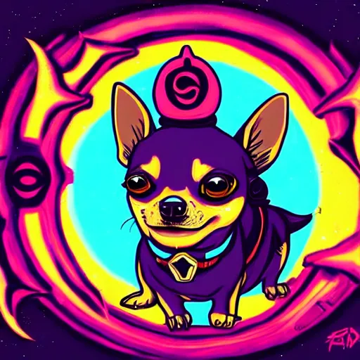 Image similar to a chihuahua with a third eye living in an extradimensional reality, in the style of goof troop, illustration, epic, fantasy, hyper detailed, smooth