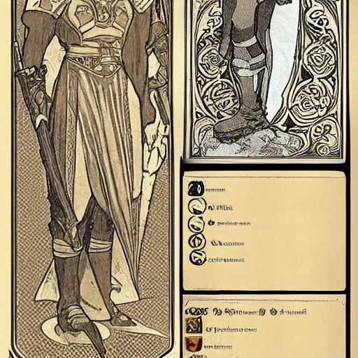Image similar to D&D character sheet by Alphonse Mucha. Full body illustration of character on right, text on left and top and bottom. Warrior character, wearing armor and holding a sword.