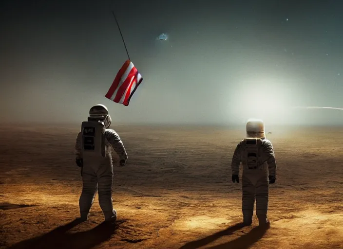 Image similar to astronaut holding a flag in an underwater desert. a submarine is visible in the distance. dark, concept art, cinematic, dramatic, atmospheric, 8 k, trending on artstation, blue, fish, low visibility, fog, ocean floor, christopher nolan, interstellar