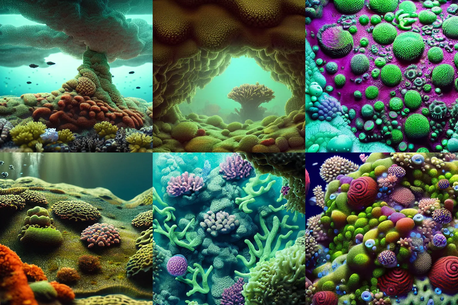 Prompt: a beautiful closeup of intricate alien coral reef and alien moss, underwater photography, caustics, hyperdetailed, by Pixar, by Mike Winkelmann.
