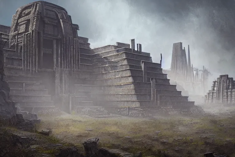 Image similar to brutalist Aztec architecture, tzompantli, feathers by Jessica Rossier and HR Giger