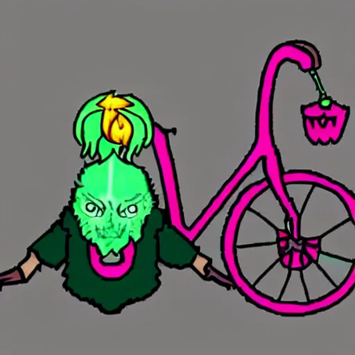Image similar to the eye of cathulu from terraria but it riding a pink bicycle wearing lady gaga's meat dress