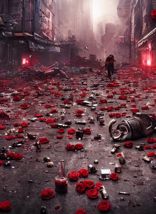 Image similar to chaotic and crazy scene. dystopia city at night, smashed beer bottles, blood - stained red roses, and the crushed roses fell to the ground, 4 k, unreal engine, light effect, by seb mckinnon, artstation