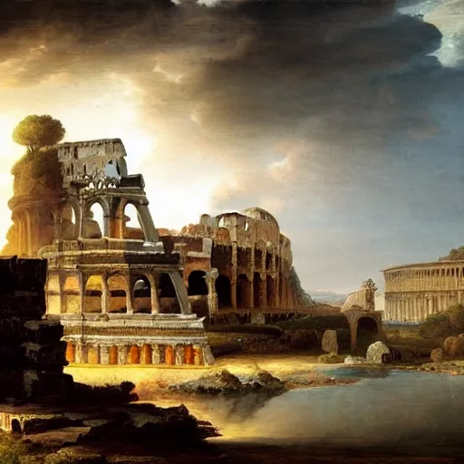 Image similar to digital fantasy of ruined rome temple at mountain painting by hubert robert high resolution devianart detailed 8 8 grzes, dreamy, clouds, river