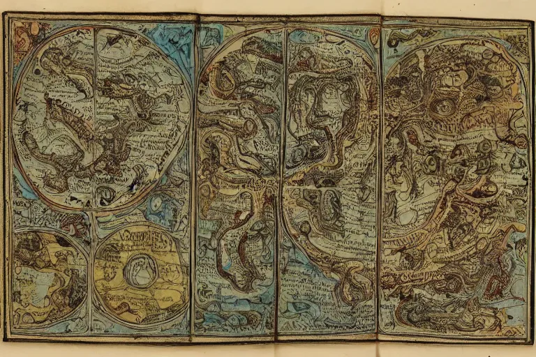 Image similar to intricate detailed ancient map of the regions of hell and the dimensions of the damned, technical cartography with annotations and notes in the margins