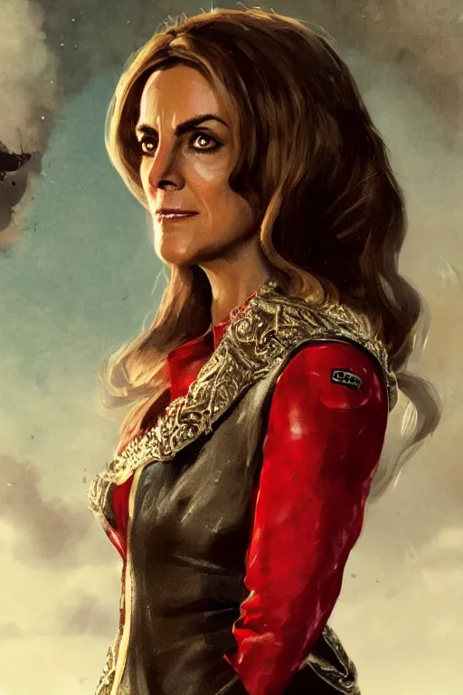 Image similar to Portrait of Liz Hurley as Baroness in G.I, Joe, with evil smile, in a movie still cinematic, artstation, Greg rutkowski, UHD 8K