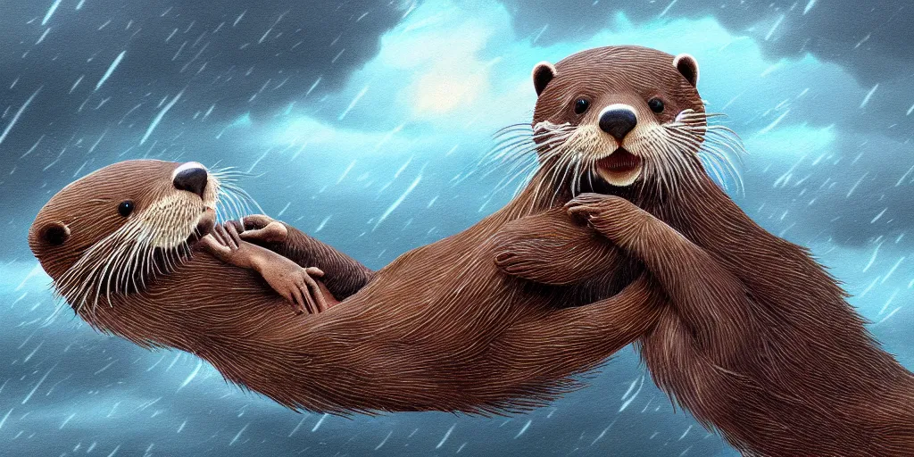 Image similar to illustration hyper detailed cute otters holding hands in a huge storm cinematic dreamlike trending on artstation masterpiece