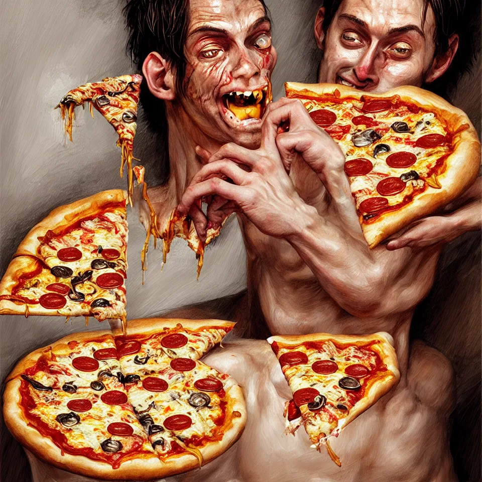 Image similar to bright realistic anorexic man puking pizza and smiling franticly, apartment, rotten flesh, diffuse lighting, fantasy, intricate, elegant, highly detailed, lifelike, photorealistic, digital painting, artstation, illustration, concept art, smooth, sharp focus, art by francis bacon and jenny saville