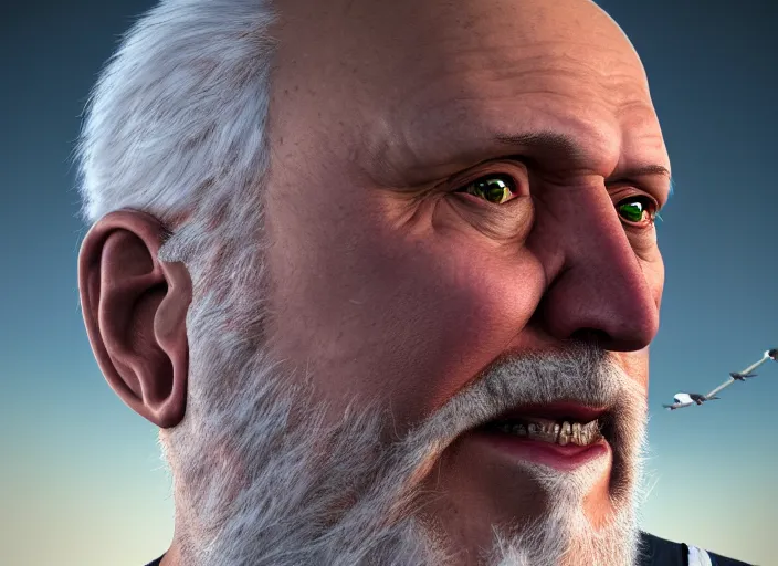 Image similar to facial portrait of greg popovich flying over san antonio, fantasy, super hero art, oil on canvas, octane render, spurs suit, trending on artstation