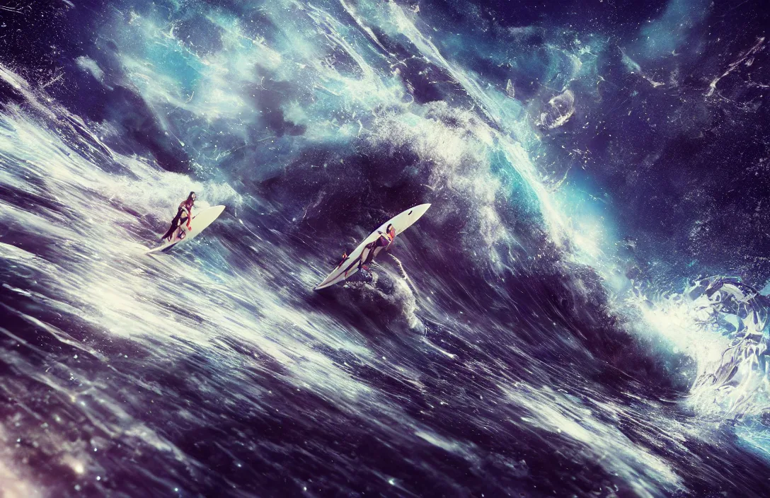 Prompt: surfing the waves of space by ben wanat cosmic photorealistic, octane, hyper detailed, insane details, elite, highly detailed and intricate, sharp focus, photography, unreal engine ;
