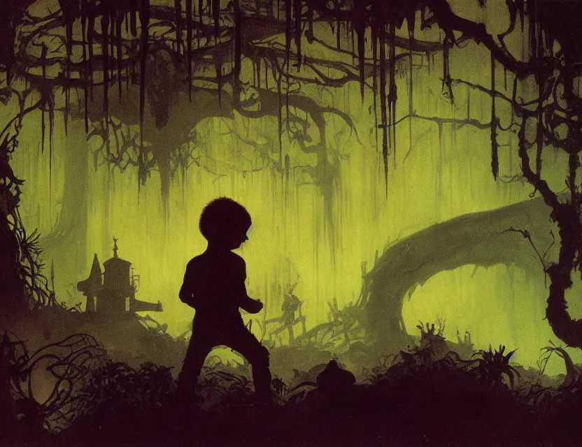 Prompt: a silhouette of boy exploring a dark baroque neoclassicist halls overgrown with colorful alien swamplife. close - up view, detailed textures. glowing fog, dark black background. highly detailed fantasy science fiction painting by moebius, norman rockwell, frank frazetta, and syd mead. rich colors, high contrast