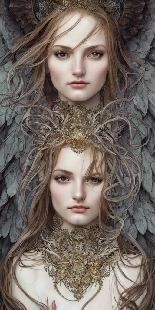 Prompt: a photograpic portrait of a pretty woman, angel, fantasy, intricate, elegant, highly detailed, digital painting, artstation, centered, concept art, smooth, sharp focus, illustration, art by artgerm and h r giger and alphonse mucha