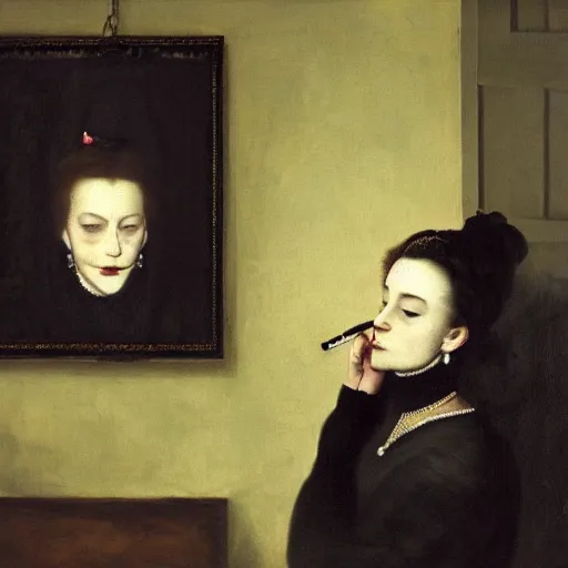 Prompt: a woman smoking a cigarette in a dark room, a portrait by nicholas hilliard, screenshot by martin scorsese, photorealistic painting by jerry weiss, aestheticism, goth, dark and mysterious, filmic, a photorealistic painting by jerry weiss, shutterstock tumblr contest winner, naturalism, behance hd, shutterstock contest winner