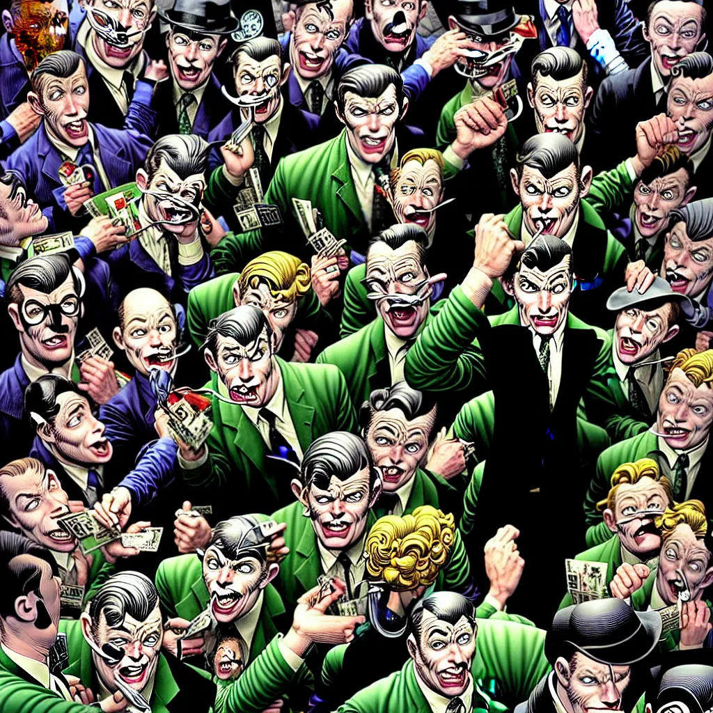 Image similar to drawing of gotham city's finest investigative reporter jack ryder with 1 4 tiny jokers reaching out of his mouth, 4 k art by brian bolland, graphic novel cover art