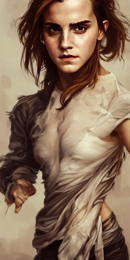 Prompt: clear portrait of emma watson, sinister appearance, ripped clothing, athletic, cottagecore!!, background hyper detailed, character concept, full body, dynamic pose, intricate, elegant, highly detailed, digital painting, artstation, concept art, smooth, sharp focus, illustration, art by artgerm and greg rutkowski and alphonse mucha