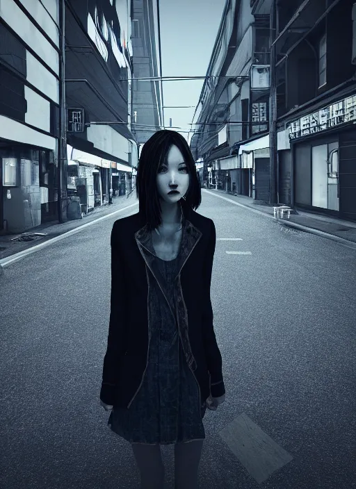 Image similar to portrait of demonic girl with no head, middle of the crowded tokyo street, photorealistic, canon r 3, symmetry, octane render, unreal engine, dramatic lights