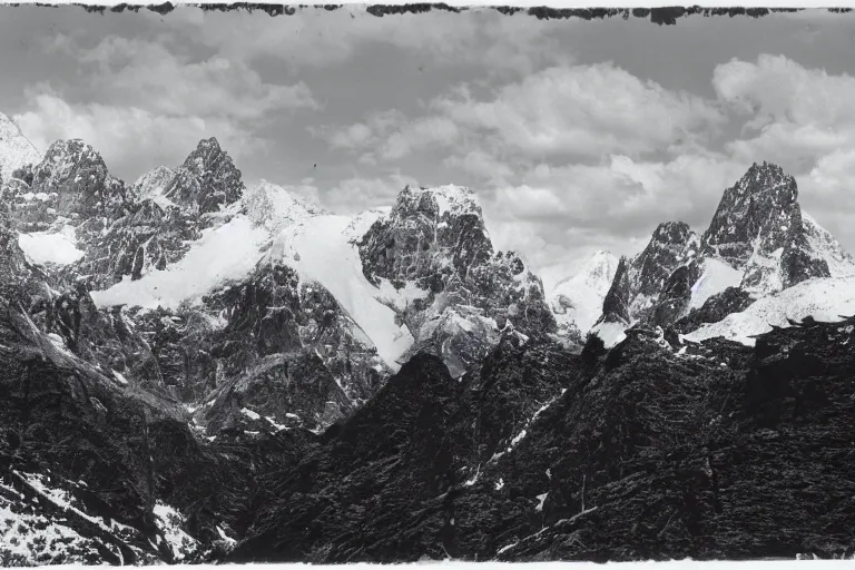 Prompt: small dinosaur, vallye, snowy peaks, by ansel adams, black and white, old, master photography