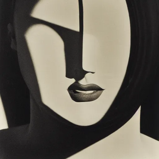 Image similar to Close-up portrait of a femme fatale. Face. Shadow and light. Abstract. Lines and geometry. Surrealist. Black and white. Side lighting. Golden ratio. Photography by Dora Maar. 1934.