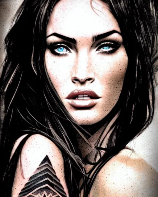 Image similar to double exposure portrait of megan fox with a mountain background, tattoo design sketch, in the style of matteo pasqualin, amazing detail, sharp