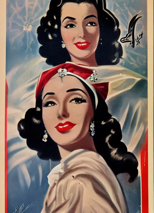 Image similar to beautiful and glamorous arab black-haired woman, 1940s propaganda poster, full hd,highly detailed