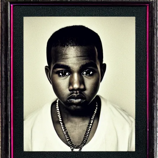 Image similar to the face of young kanye west at 1 2 years old, portrait by julia cameron, chiaroscuro lighting, shallow depth of field, 8 0 mm, f 1. 8