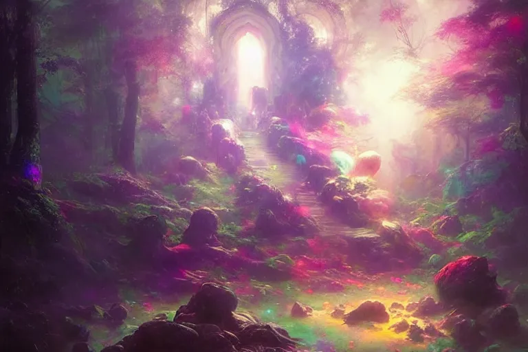 Image similar to a psychedelic realm hidden away in a pocket of ethereal understanding, astral beings sharing love greg rutkowski wlop lisa frank bob ross, ruan jia