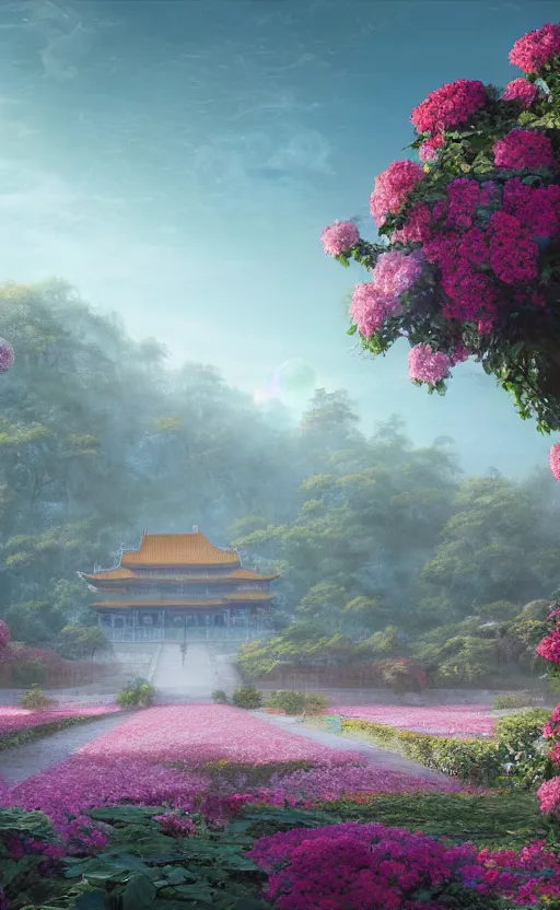 Image similar to vanishing point, palace covered with aqua blue roses like the forbidden city in distance at the red rose royal manor, viewed from afar, stephen bliss, misty, unreal engine, fantasy art by greg rutkowski, loish, ferdinand knab, and lois van rossdraws,, global illumination, radiant light, minimalist, detailed and intricate environment